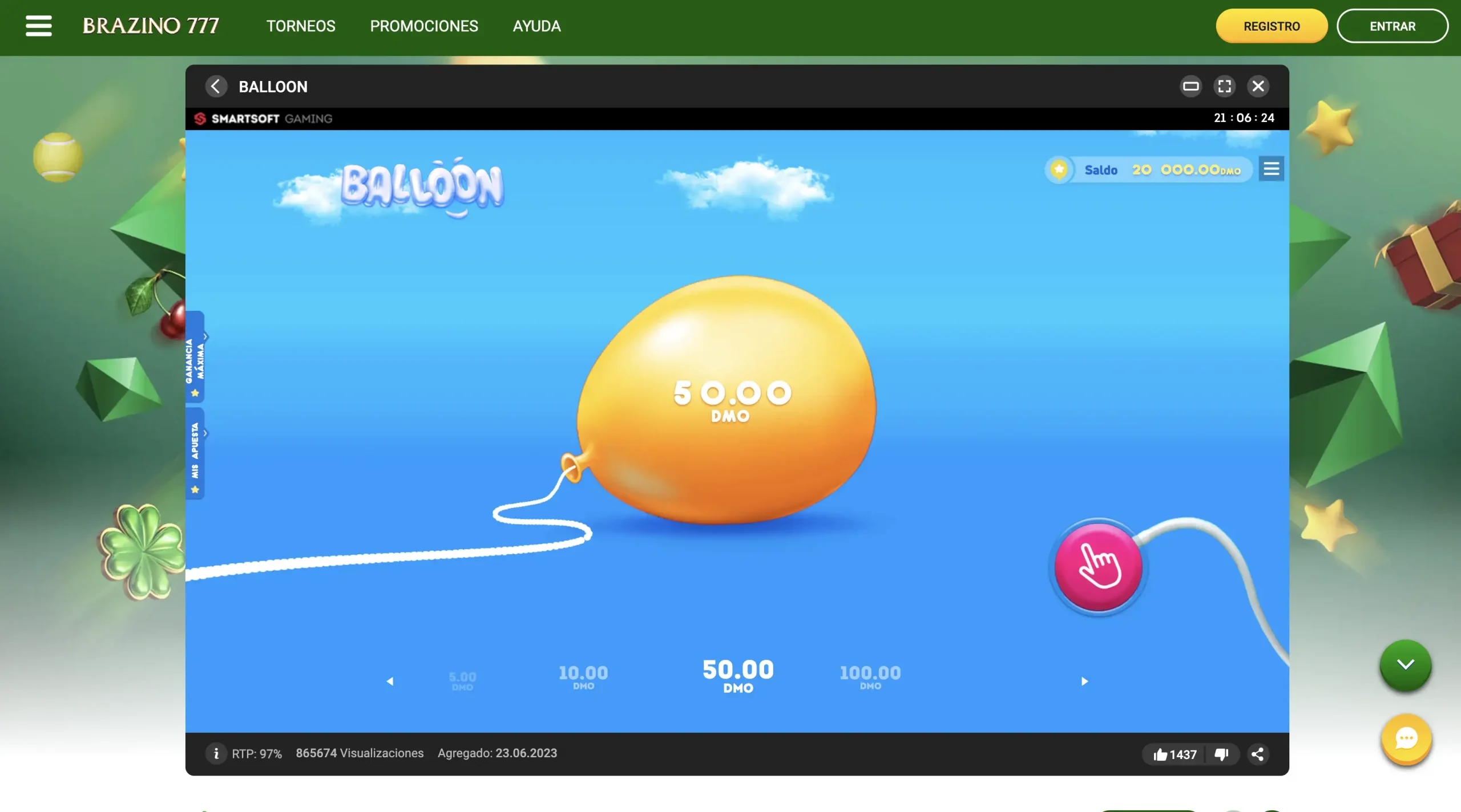 Vive la experiencia del juego Balloon casino en Brazino777